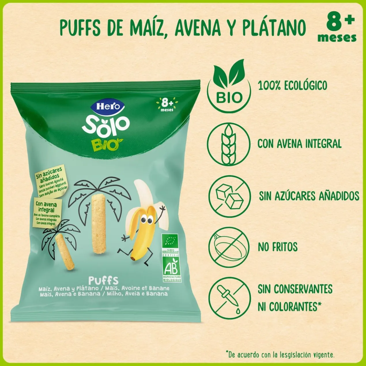 Snacks BIO Puffs Maïs, Avoine Complète et Banane +8 Mois